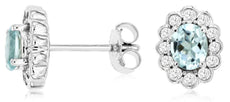 .93CT DIAMOND & AAA AQUAMARINE 14KT WHITE GOLD OVAL & ROUND FLOWER STUD EARRINGS