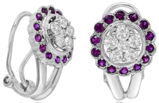 ESTATE 1.10CT DIAMOND & AAA RUBY 14K WHITE GOLD CLASSIC FLOWER FILIGREE EARRINGS