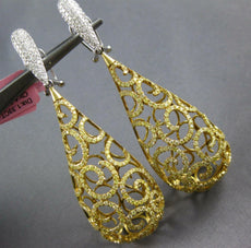 5.55CT WHITE & CANARY DIAMOND 18K 2 TONE GOLD TEARDROP FILIGREE HANGING EARRINGS