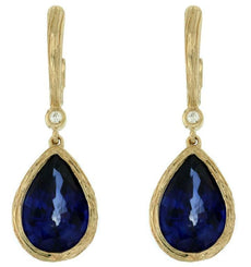 6.63CT DIAMOND & AAA SAPPHIRE 14KT YELLOW GOLD TEAR DROP BAMBOO HANGING EARRINGS