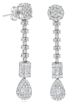LARGE 1.76CT DIAMOND 14KT WHITE GOLD ROUND & BAGUETTE 2 ROW BY THE YARD EARRINGS