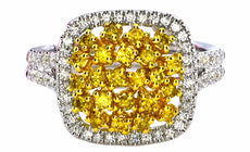 .99CT WHITE & FANCY YELLOW DIAMOND 18KT 2 TONE GOLD SQUARE HALO ANNIVERSARY RING