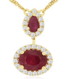 3.97CT DIAMOND & AAA RUBY 14K YELLOW GOLD OVAL PEAR SHAPE & ROUND HALO NECKLACE