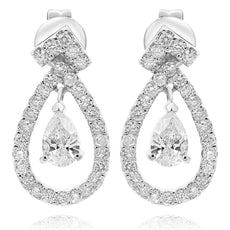 1.45CT DIAMOND 14KT WHITE GOLD 3D ROUND & PEAR SHAPE TEAR DROP HANGING EARRINGS