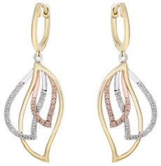 ESTATE .35CT DIAMOND 14KT TRI COLOR GOLD MULTI LEAF HUGGIE FUN HANGING EARRINGS