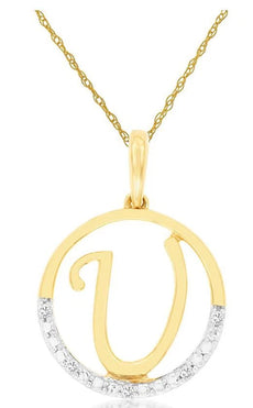 .02CT DIAMOND 14KT 2 TONE GOLD CLASSIC U INITIAL CIRCULAR FUN FLOATING PENDANT
