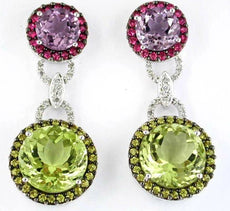18.18CT DIAMOND & AAA MULTI GEM 14KT WHITE GOLD DOUBLE FLOWER HANGING EARRINGS