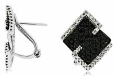 ESTATE 1.31CT WHITE & BLACK DIAMOND 14KT WHITE GOLD SQUARE PAVE CLIP ON EARRINGS