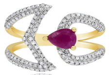 ESTATE .97CT DIAMOND & AAA RUBY 14KT YELLOW GOLD PEAR SHAPE & ROUND TENSION RING
