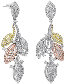 ESTATE LARGE 3.46CT DIAMOND 14KT TRI COLOR GOLD MULTI LEAF FUN HANGING EARRINGS