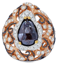 LARGE 3.15CT WHITE & ICE DIAMOND 18KT ROSE & WHITE GOLD PEAR SHAPE & ROUND RING