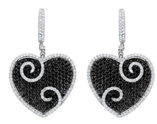 LARGE 5.23CT WHITE & BLACK DIAMOND 18KT WHITE GOLD 3D FILIGREE HANGING EARRINGS