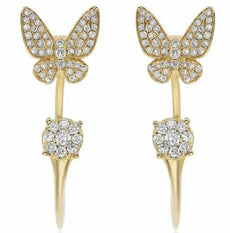 ESTATE .52CT DIAMOND 14KT YELLOW GOLD 3D FLOWER BUTTERFLY FUN HANGING EARRINGS