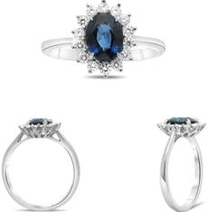 1.85CT DIAMOND & AAA SAPPHIRE 14K WHITE GOLD OVAL & ROUND FLOWER ENGAGEMENT RING