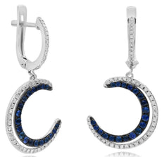 1.05CT DIAMOND & AAA SAPPHIRE 14K WHITE GOLD 3D DOUBLE MOON FUN HANGING EARRINGS