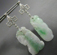 ANTIQUE LARGE .26CT DIAMOND & AAA JADE 18KT WHITE GOLD 3D HAND ETCHED EARRINGS