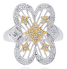 ESTATE .15CT DIAMOND 14KT 2 TONE GOLD 3D ROUND OPEN FILIGREE FLOWER LOVE RING
