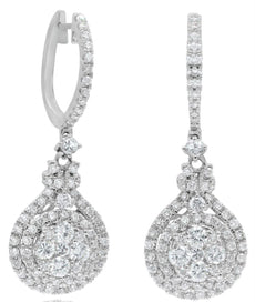 1.85CT DIAMOND 18K WHITE GOLD CLUSTER FLOWER DOUBLE HALO HUGGIE HANGING EARRINGS
