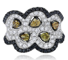 LARGE 2.37CT WHITE BLACK & MULTI COLOR DIAMOND 18KT WHITE GOLD FLORAL FUN RING
