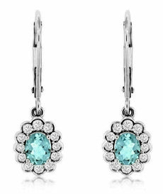 ESTATE .93CT DIAMOND & AAA AQUAMARINE 14KT WHITE GOLD 3D FLOWER HANGING EARRINGS