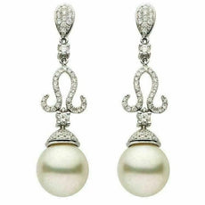 ESTATE LARGE 1.04CT DIAMOND & SOUTH SEA PEARL 18KT WHITE GOLD TEAR DROP EARRINGS