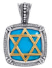 LARGE AAA TURQUOISE 18KT YELLOW GOLD & 925 SILVER STAR OF DAVID FILIGREE PENDANT