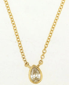 .10CT DIAMOND 14KT YELLOW GOLD PEAR SHAPE CLASSIC SOLITAIRE BEZEL LOVE NECKLACE