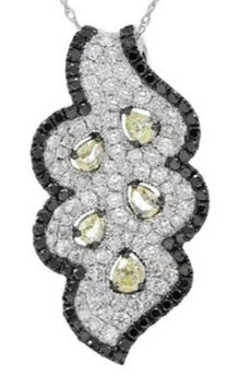 2.67CT WHITE BLACK & INTENSE FANCY YELLOW DIAMOND 18KT WHITE GOLD FLOWER PENDANT