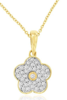 .14CT DIAMOND 14KT YELLOW GOLD ROUND SOLITAIRE PAVE FLOWER LOVE FLOATING PENDANT
