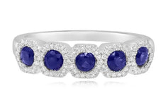 ESTATE .75CT DIAMOND & AAA SAPPHIRE 14KT WHITE GOLD 3D OCTAGON 5 STONE HALO RING