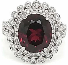 LARGE 6.02CT DIAMOND & AAA RHODOLITE 18KT WHITE GOLD 3D OVAL & ROUND FLORAL RING