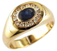 1.30CT DIAMOND & AAA SAPPHIRE 14KT YELLOW GOLD 3D OVAL & ROUND CLASSIC MENS RING