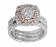 1.00CT DIAMOND 14KT 2 TONE GOLD ROUND SQUARE CLUSTER MULTI ROW DOUBLE HALO RING