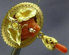 ANTIQUE LARGE AAA CORAL 14KT YELLOW GOLD 3D HANDCRAFTED FLOWER BROOCH PIN #26474