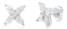 ESTATE 4.09CT DIAMOND PLATINUM 3D ROUND & PEAR SHAPE FLOWER STUD EARRINGS