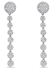 LARGE 2.03CT DIAMOND 18KT WHITE GOLD 3D CIRCULAR HALO CLUSTER HANGING EARRINGS