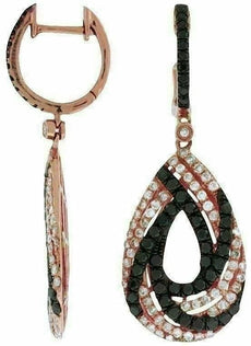 ESTATE 2.40CT WHITE & BLACK DIAMOND 14KT ROSE GOLD 3D TEAR DROP HANGING EARRINGS
