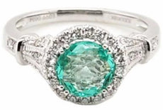 1.33CT DIAMOND & AAA EMERALD 18KT WHITE GOLD ROUND HALO FILIGREE ENGAGEMENT RING