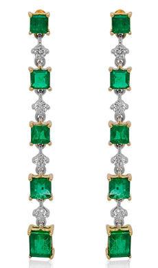 2.94CT DIAMOND & AAA EMERALD 18KT 2 TONE GOLD PRINCESS & ROUND HANGING EARRINGS