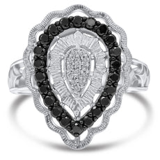 WIDE .62CT WHITE & BLACK DIAMOND 14KT WHITE GOLD OPEN FILIGREE FLORAL FUN RING