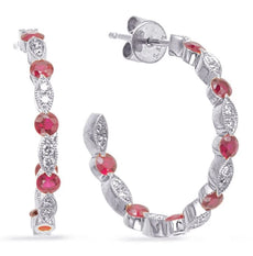 1.24CT DIAMOND & AAA RUBY 14K WHITE GOLD OPEN HOOP FILIGREE FUN HANGING EARRINGS