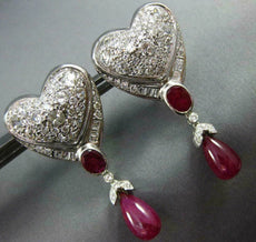 EXTRA LARGE 12.0CT DIAMOND & AAA RUBY 14K WHITE GOLD 3D HEART HANGING EARRINGS