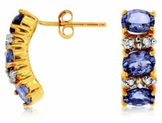 ESTATE 2.12CT DIAMOND & AAA OVAL TANZANITE 14KT YELLOW GOLD 3D HANGING EARRINGS