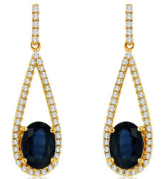 2.35CT DIAMOND & AAA SAPPHIRE 14KT YELLOW GOLD 3D OVAL & ROUND HANGING EARRINGS