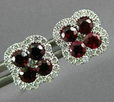 ESTATE LARGE 1.15CT DIAMOND & AAA RUBY 18KT WHITE GOLD 3D SQUARE FLOWER EARRINGS