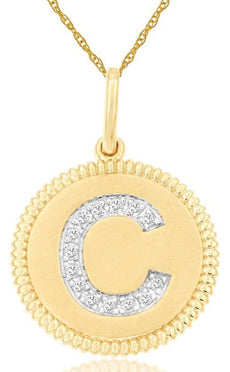 .07CT DIAMOND 14KT YELLOW GOLD ROUND CLASSIC C INITIAL FILIGREE FLOATING PENDANT