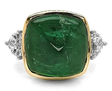 LARGE 12.52CT DIAMOND & AAA CABOCHON EMERALD 18KT 2 TONE SQUARE ENGAGEMENT RING