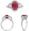 3.63CT DIAMOND & AAA RUBY PLATINUM OVAL & TRAPAZOID 3 STONE HALO ENGAGEMENT RING
