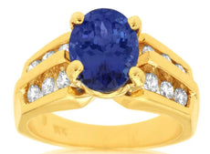 3.4CT DIAMOND & AAA TANZANITE 14K YELLOW GOLD OVAL & ROUND 2 ROW ENGAGEMENT RING