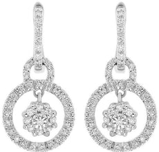 ESTATE .35CT DIAMOND 14KT WHITE GOLD 3D CLUSTER FLOWER CIRCULAR HANGING EARRINGS